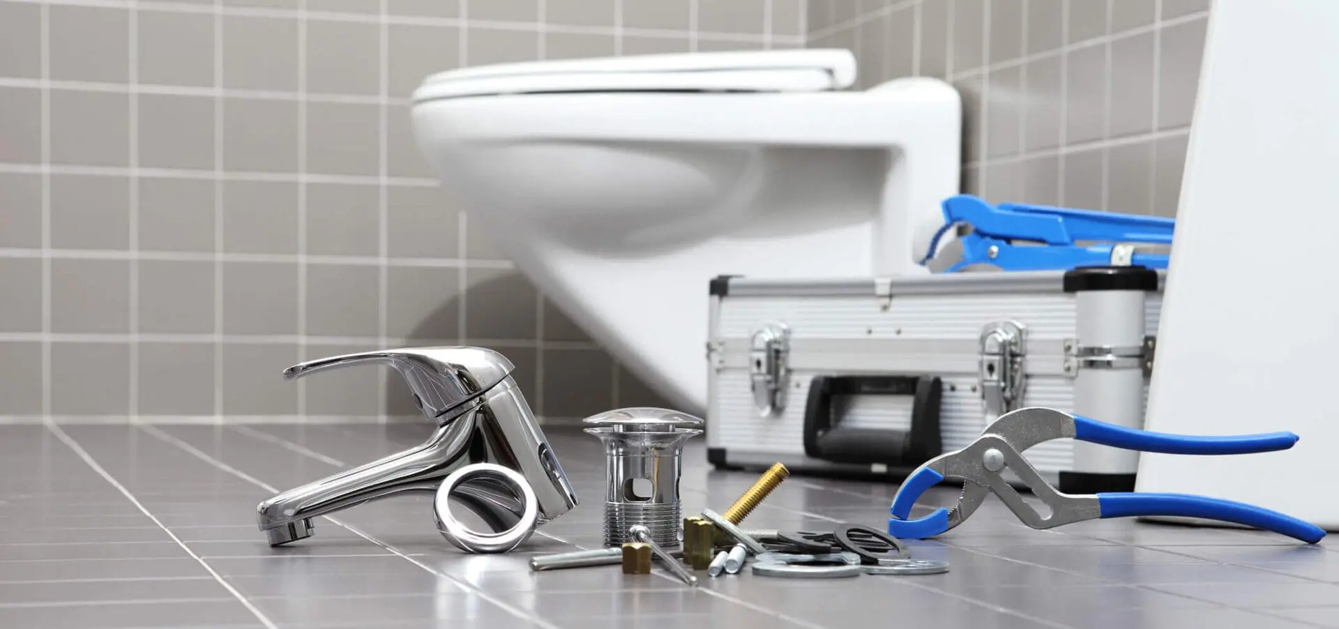 plumber tools and equipment in a bathroom, plumbing repair service, assemble and install concept.