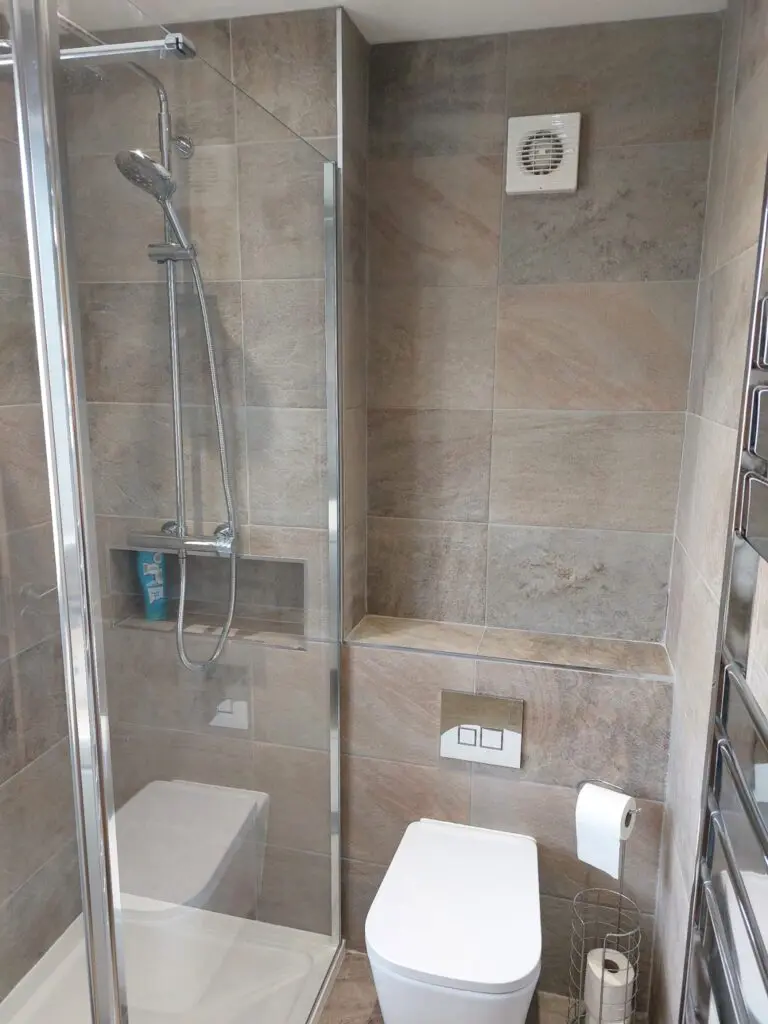 Walk in shower cubicle and wall hung toilet
