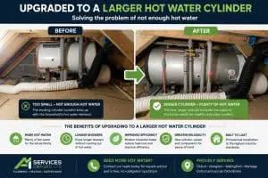 Before and after loft hot water cylinder upgrade showing replacement of an undersized cylinder with a larger insulated hot water cylinder installed by A1 Services Oxford Ltd in Didcot.