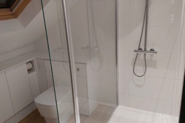 Lakes walk-in fixed panel with flip panel Atlanta bathroom furniture